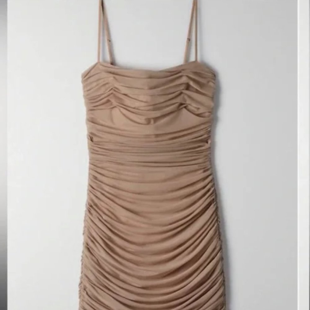 Artizia Babaton Luxor Beige Taupe Mesh Bodycon Ruched Midi Dress - Picture 4 of 4